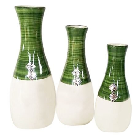 Trio Vasos Garrafas Grandes em Cerâmica Decorativa - Verde e Bege