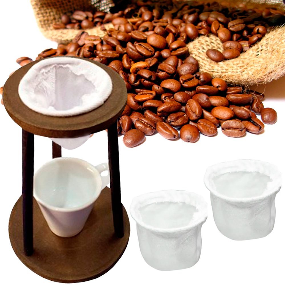 Suporte Coador de Café Com 2 Filtros de Pano e Xícara de Porcelana