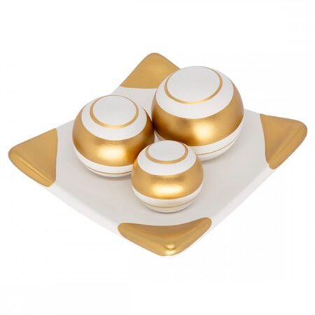 Centro de Mesa Prato 3 Esferas em Cerâmica Fosca Decor - White Golden