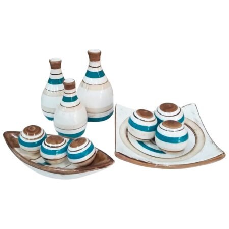 Conjunto Centro de Mesa com Barca e Trio Garrafas Decor - White Blue
