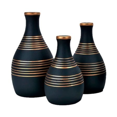 Trio Vasos Garrafas em Cerâmica Fosca de Sala Decor - Black Gold