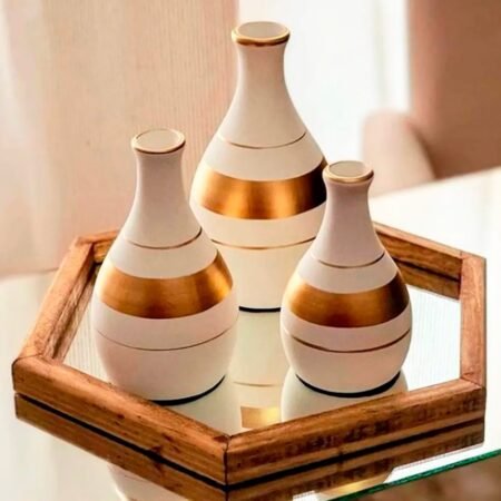 Trio Vasos Garrafas em Cerâmica Fosca de Sala Decor - White Golden - Image 3