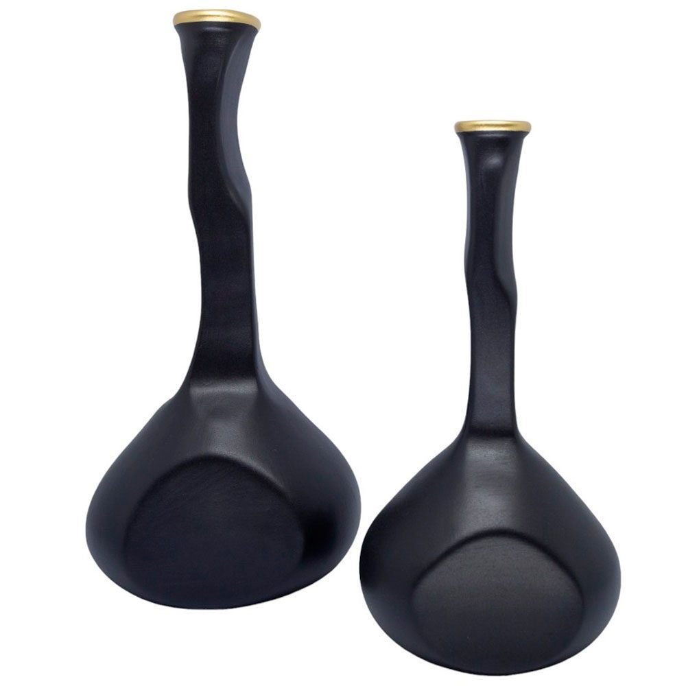 Par de Vasos Long Shin em Cerâmica Fosca Decorativa - Black Gold
