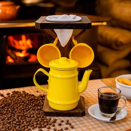 Conjunto Café com Bule de Alumínio e Suporte Rústico - Amarelo - Imagem 3
