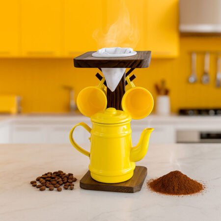 Conjunto Café com Bule de Alumínio e Suporte Rústico - Amarelo - Imagem 2