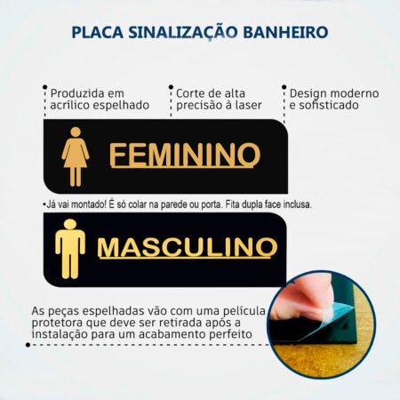 Kit 2 Placas Acrílicas Sinalizadoras Banheiro Feminino e Masculino - Imagem 4