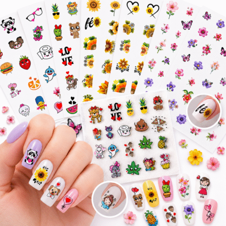 Kit 30 Películas Adesivas de Unha Infantil 3D Nail Art com Desenhos