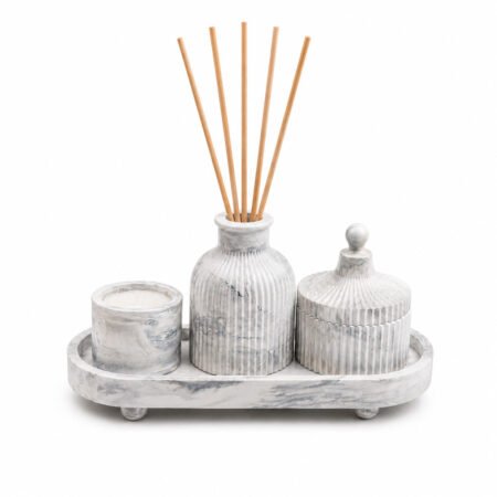 Kit Difusor Aromatizador Marmorizado com Porta-Joias e Porta-Velas – Mescla