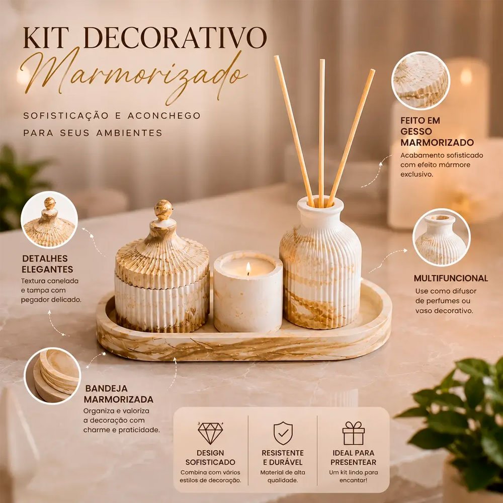 Kit Difusor Aromatizador Marmorizado com Porta-Joias e Porta-Velas – Mesclado - Imagem 8