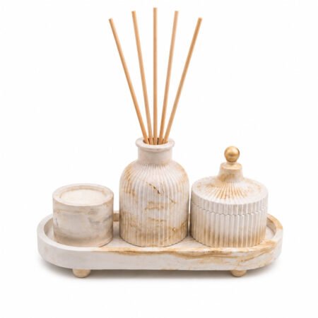 Kit Difusor Aromatizador Marmorizado com Porta-Joias e Porta-Velas – Mesclado