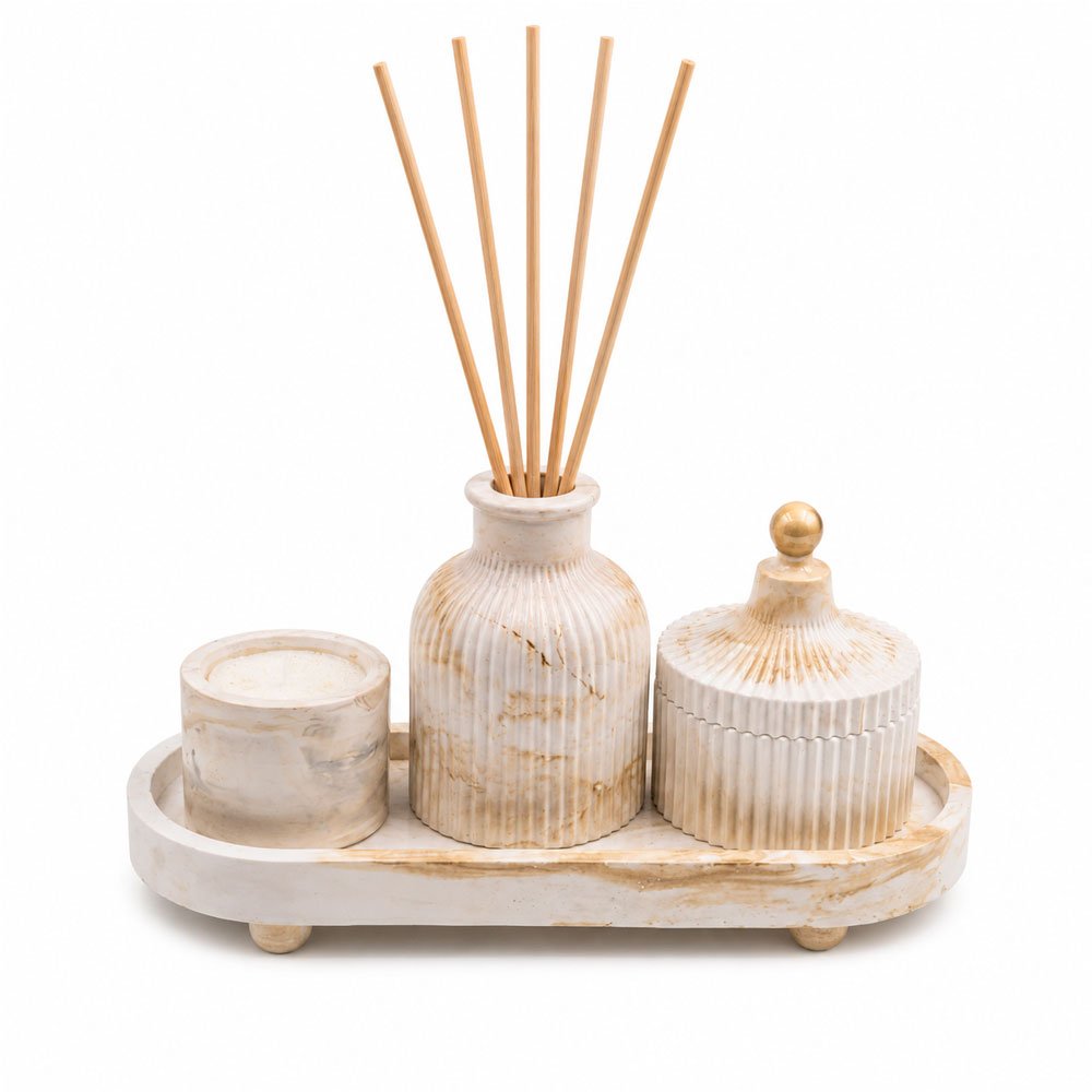Kit Difusor Aromatizador Marmorizado com Porta-Joias e Porta-Velas – Mesclado