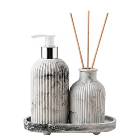 Kit Difusor Aromatizador Marmorizado com Saboneteira e Bandeja – Mescla