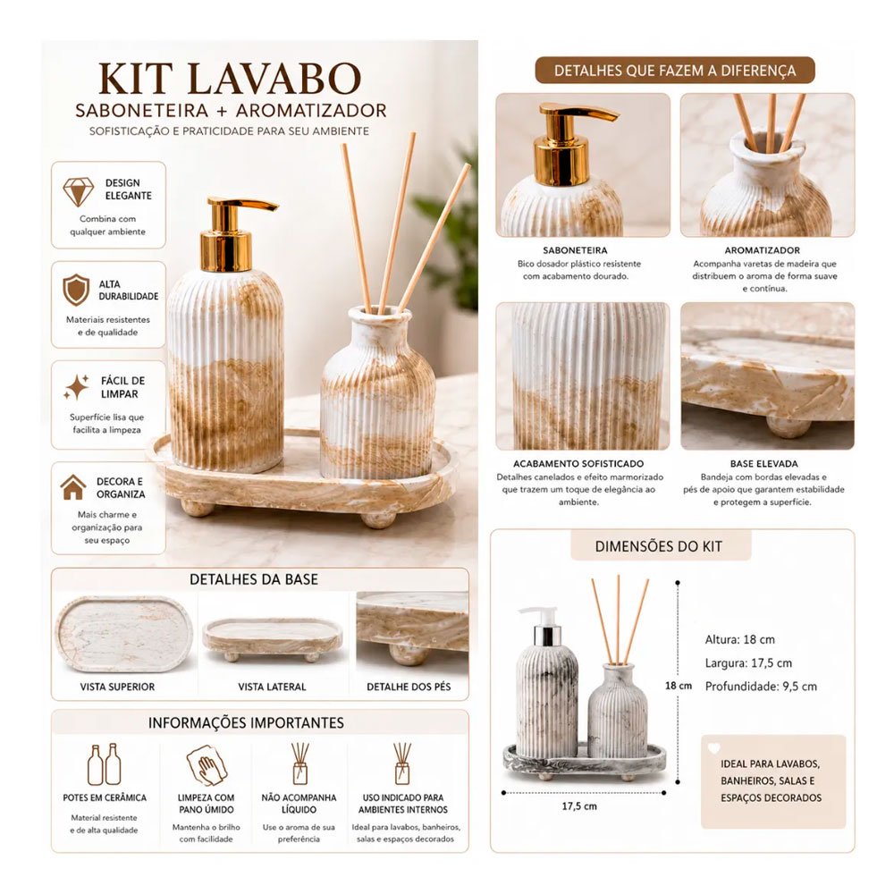 Kit Difusor Aromatizador Marmorizado com Saboneteira e Bandeja – Mesclado - Imagem 3