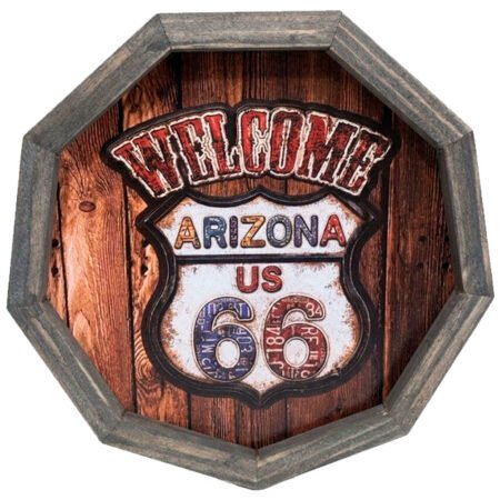 Quadro Tampa de Barril em Madeira Rústica - Welcome Arizona US 66