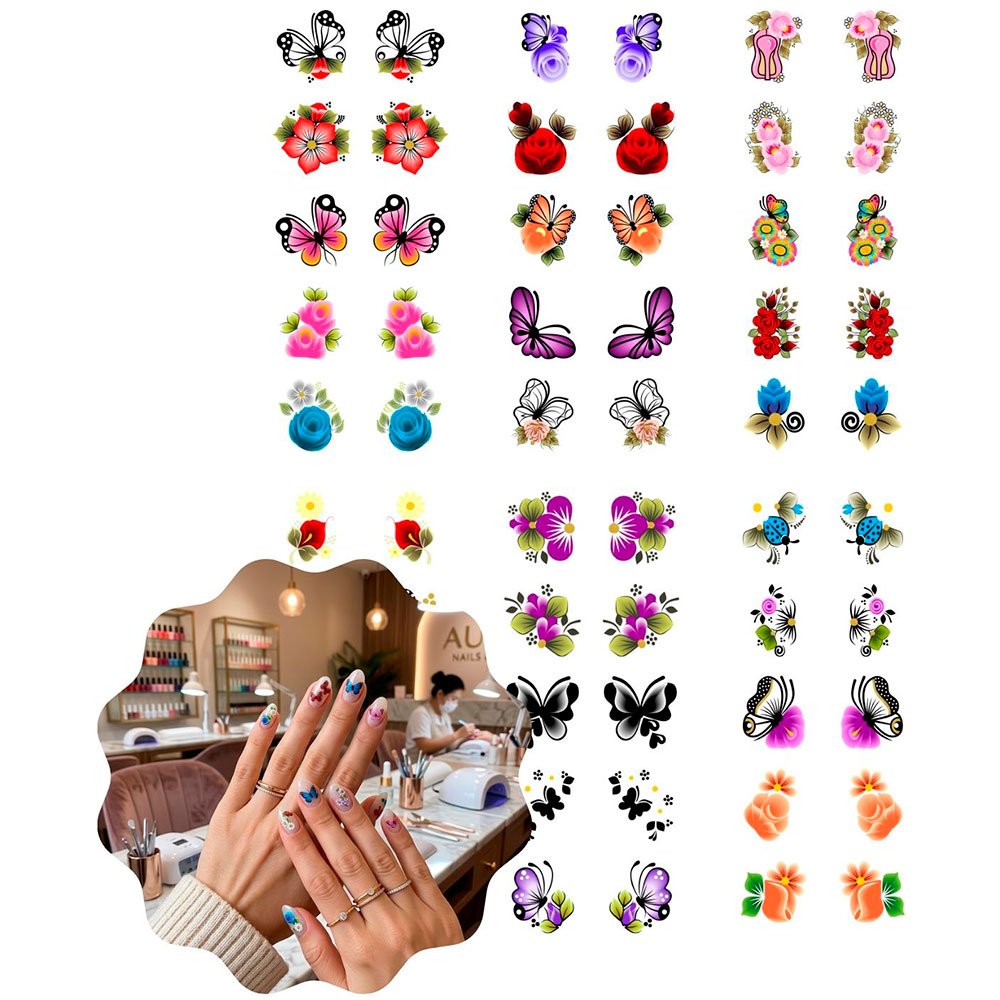 Kit 60 Películas Adesivas de Unha 3D/5D Pré-Prontas para Unhas Decoradas Nail Art